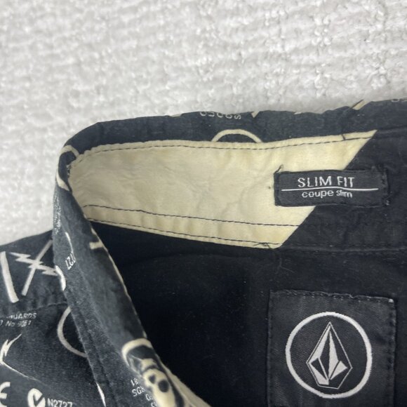 Y2K Volcom Skull Dead AOP Goth Punk Skate Mens Button Shirt Black Sz S Slim Fit - Picture 8 of 16